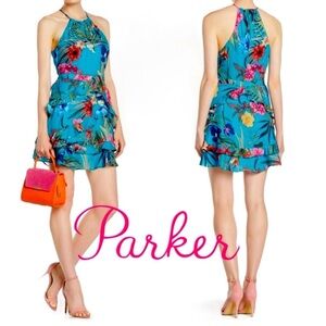 PARKER | NWT $398 Tropical Floral Mini Dress in Azul Sardinia, Size Medium